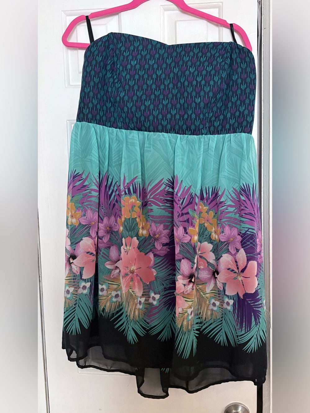 Torrid Floral Tropical Print Strapless dress - Teal, Purple & Pink size 14